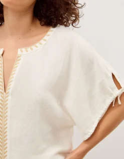 Adela Embroidered Linen Blend Top Ivory