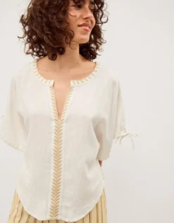 Adela Embroidered Linen Blend Top Ivory