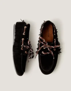 Alba Fringe Suede Moccasin Loafers Black