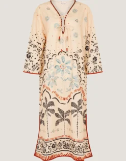 Aleah Tropical Print Midi Kaftan Ivory