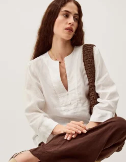 Alexis Knot Button Linen Top White