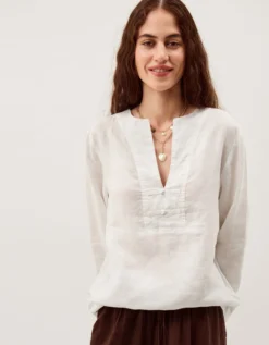 Alexis Knot Button Linen Top White