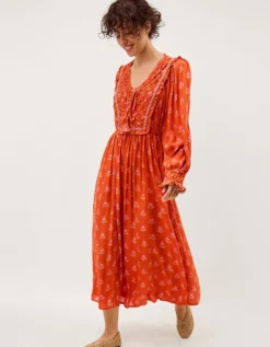 Amaya Floral Print Midi Dress Orange