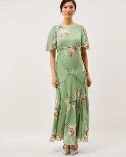 Amber Flutter Floral Print Maxi Dress Green