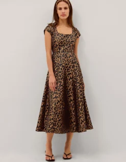 Anna Leopard Print Midi Dress Camel