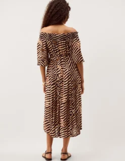 Annie Bardot Animal Print Midi Dress Brown