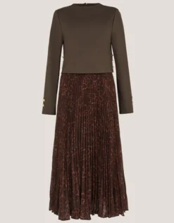 Archi Leopard Print Pleated Midi Dress Brown