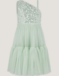Asymmetrical Sequin Tulle Party Dress Green