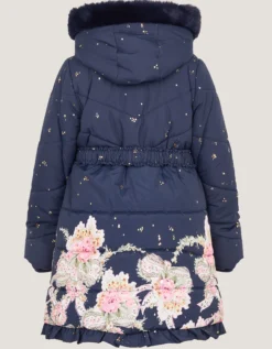 Aurora Floral Print Puffer Coat Blue