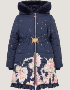 Aurora Floral Print Puffer Coat Blue