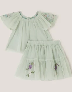 Baby Amina Floral Embroidered Top & Skirt Set Green