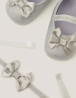 Baby Bow Glitter Booties & Headband Set Silver