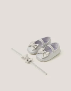 Baby Bow Glitter Booties & Headband Set Silver
