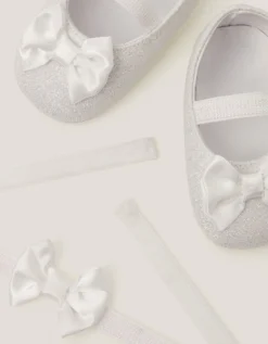 Baby Bow Glitter Booties & Headband Set Ivory