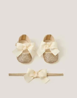 Baby Bow Glitter Headband & Booties Set Gold