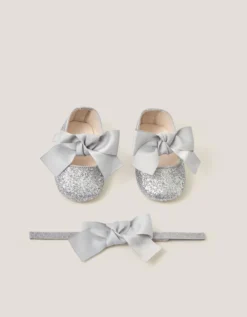 Baby Bow Glitter Headband & Booties Set Silver