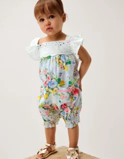 Baby Broderie Floral Stripe Romper Blue