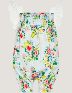 Baby Broderie Floral Stripe Romper Blue