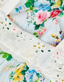 Baby Broderie Floral Stripe Romper Blue