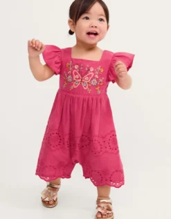 Baby Butterfly Broderie Romper Pink