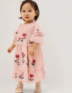 Baby Floral Embroidered Scallop Tier Dress Ivory