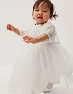 Baby Flutter Sleeve Floral Embroidered Tulle Dress Ivory