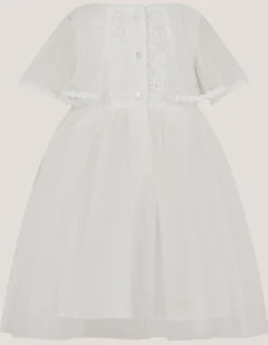 Baby Flutter Sleeve Floral Embroidered Tulle Dress Ivory