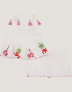 Baby Giraffe Embroidered Top & Shorts Set Ivory