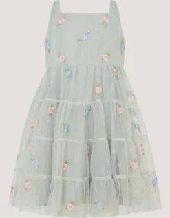 Baby Luna Floral Embroidered Mesh Dress Green