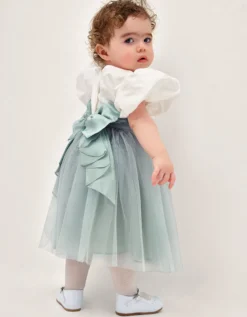 Baby Puff Sleeve Sateen Tulle Party Dress Green