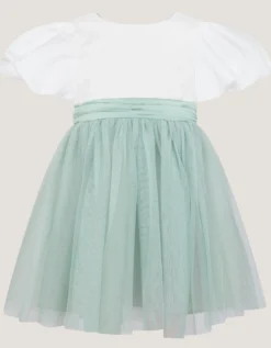 Baby Puff Sleeve Sateen Tulle Party Dress Green