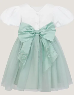 Baby Puff Sleeve Sateen Tulle Party Dress Green