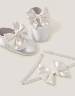 Baby Satin Bow Headband & Booties Set Ivory