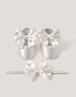 Baby Satin Bow Headband & Booties Set Ivory