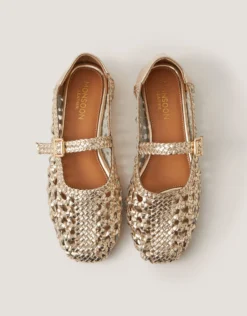 Bessy Woven Leather Mary Jane Ballet Flats Silver