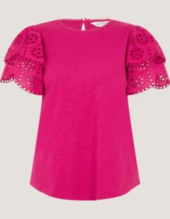 Bev Broderie Sleeve Jersey T-Shirt Pink