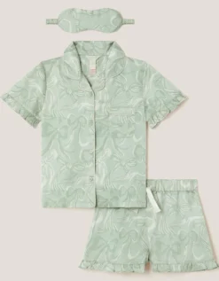 Bow Print Pyjamas & Sleep Mask Set Green