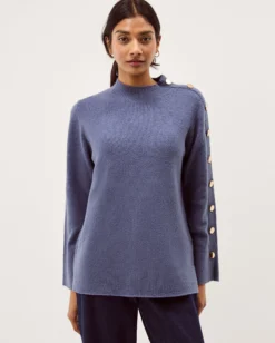 Breda Funnel Neck Button Jumper Blue