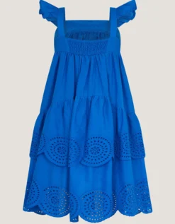 Broderie Tiered Cotton Dress Blue