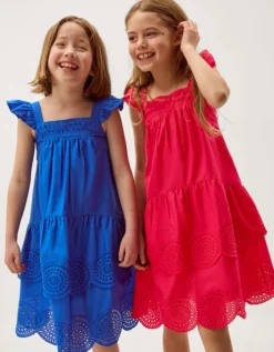 Broderie Tiered Cotton Dress Pink