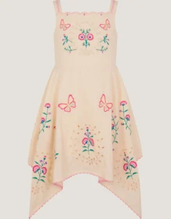 Butterfly Embroidered Hanky Hem Dress Ivory
