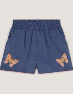Butterfly Embroidered Pull On Shorts Blue