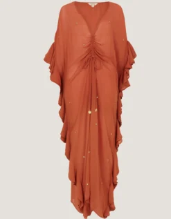 Callie Thorpe x Monsoon Embellished Ruffle Sheer Maxi Kaftan Orange