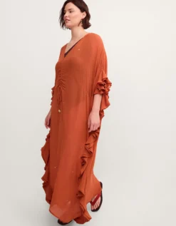 Callie Thorpe x Monsoon Embellished Ruffle Sheer Maxi Kaftan Orange
