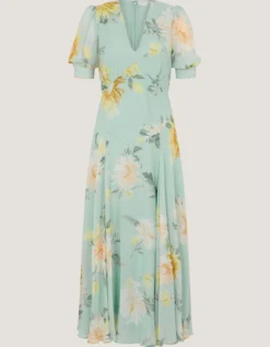 Carris Puff Sleeve Floral Midi Dress Green