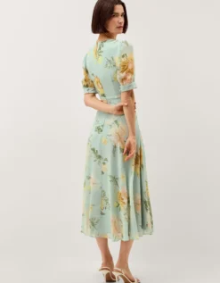Carris Puff Sleeve Floral Midi Dress Green