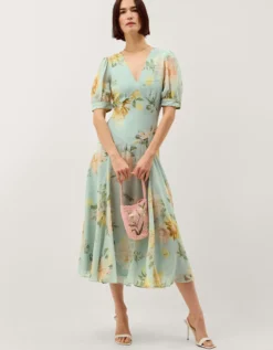 Carris Puff Sleeve Floral Midi Dress Green