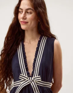 Cece V-Neck Stripe Bow Midi Dress Blue