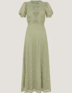 Celina Puff Sleeve Lace Midi Dress Green