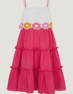Crochet Flower Tiered Dress Pink